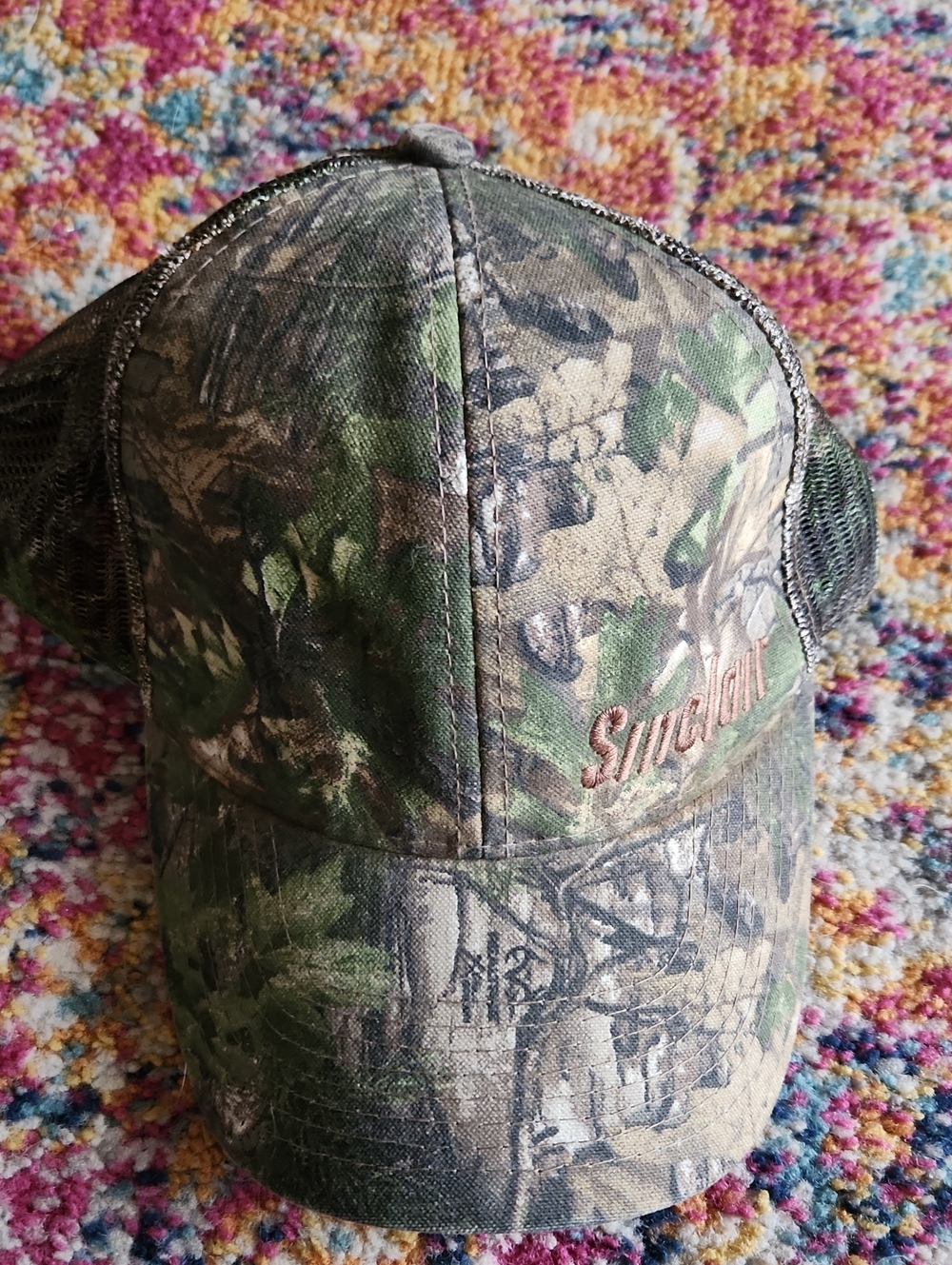 Camo Trucker Hat with Embroidered Script